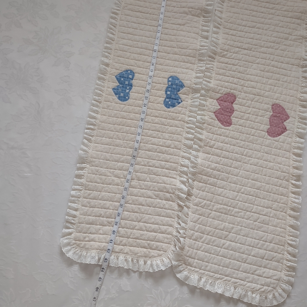 2 Quilted Lace Ruffled Trim Table Runner with Blue and Pink Hearts - Picture 5 of 8